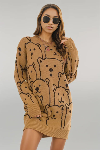 Bear Pattern Round Neck Sweater Dress Caramel