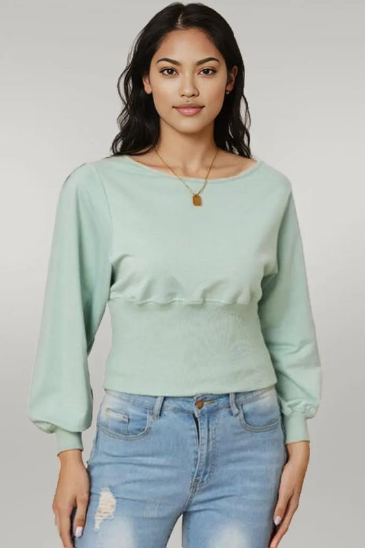 Boat Neck Lantern Sleeve Blouse Sage