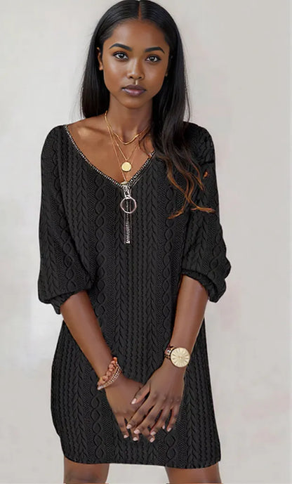 Zip Detail Textured Knit Mini Sweater Black