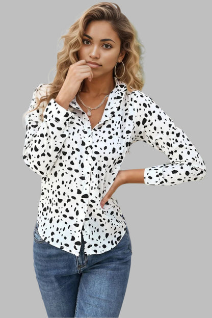 Animal Print Curved Hem Button-Up Shirt