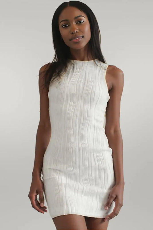 Textured Wavy Sleeveless Bodycon Mini Dress White