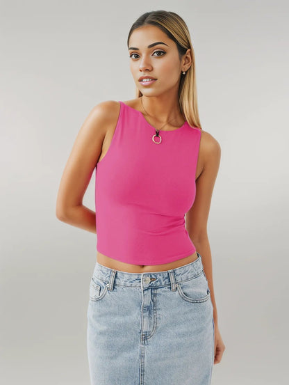 Round Neck Cropped Tank Hot Pink