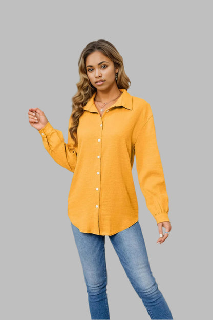 Collared Neck Buttoned Long Sleeve Shirt Tangerine