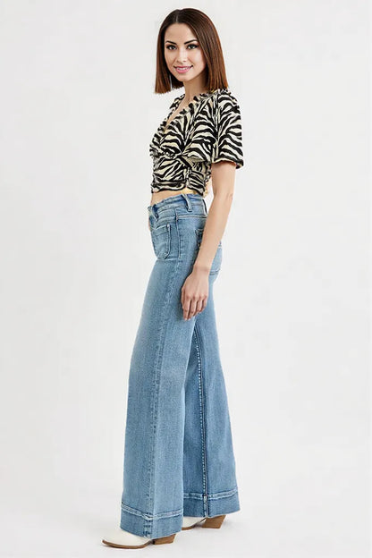 RISEN Full Size High Rise Wide Flare Patch Pocket Jeans