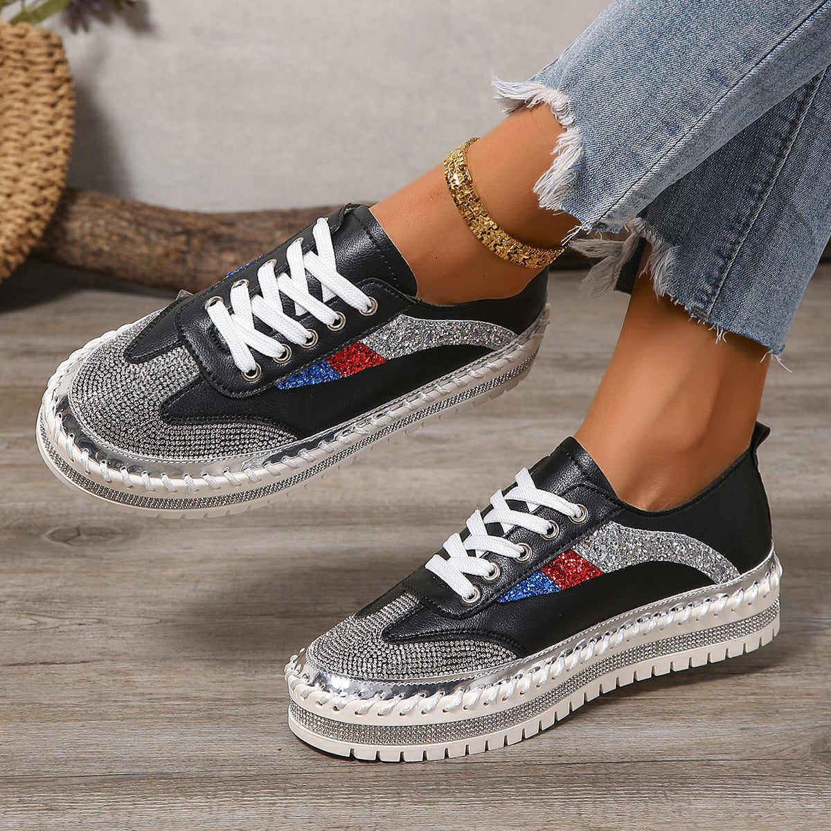 Rhinestone Lace Up Round Toe Platform Sneakers