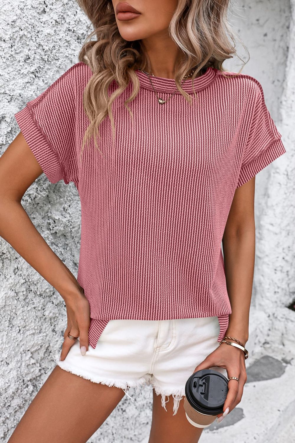 Mandy Striped Round Neck Short Sleeve T-Shirt Deep Rose