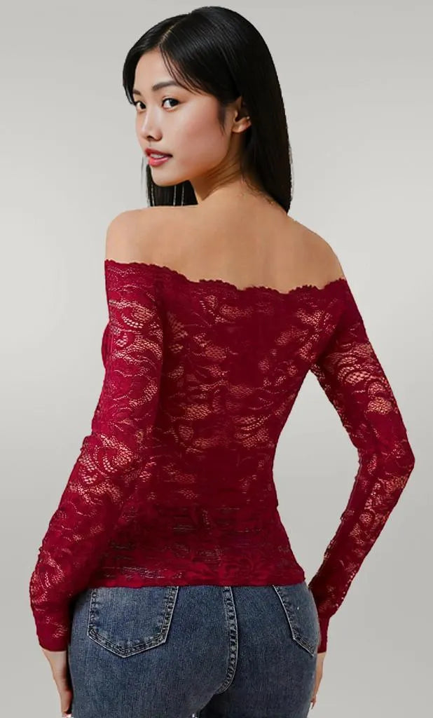 Off-Shoulder Long Sleeve Lace Top