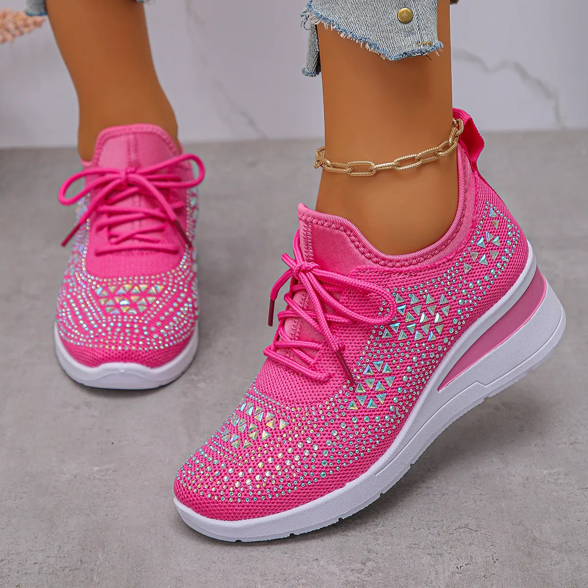 Breathable Mesh Rhinestone Wedge Athletic Sneakers Hot Pink