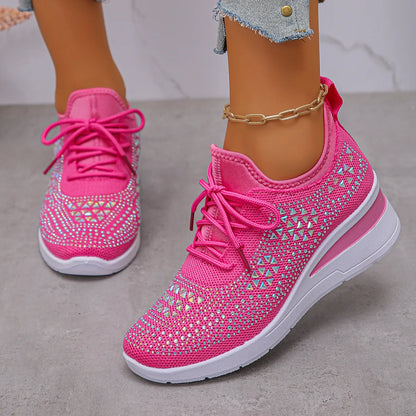 Breathable Mesh Rhinestone Wedge Athletic Sneakers Hot Pink