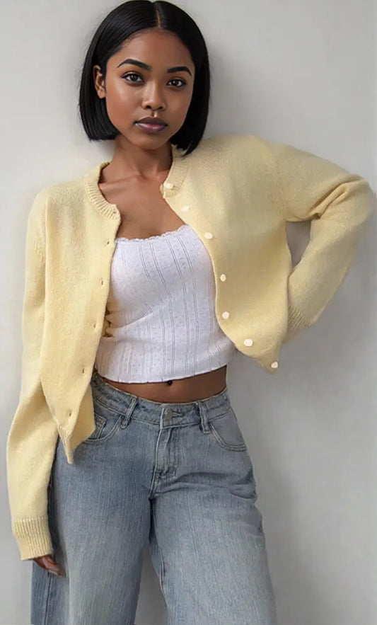 Button-Up Long Sleeve Knit Cardigan Pastel Yellow