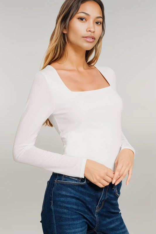 Zenana Square Neck Fitted Long Sleeve T-Shirt White