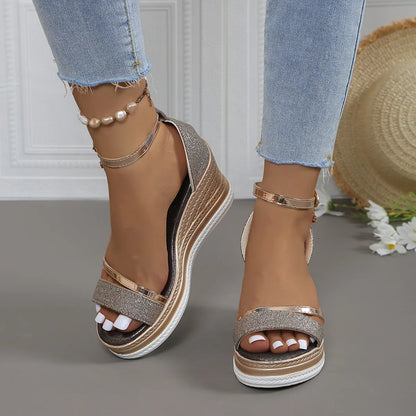 Glitter Platform Wedge Sandals with Ankle Strap Rose Gold