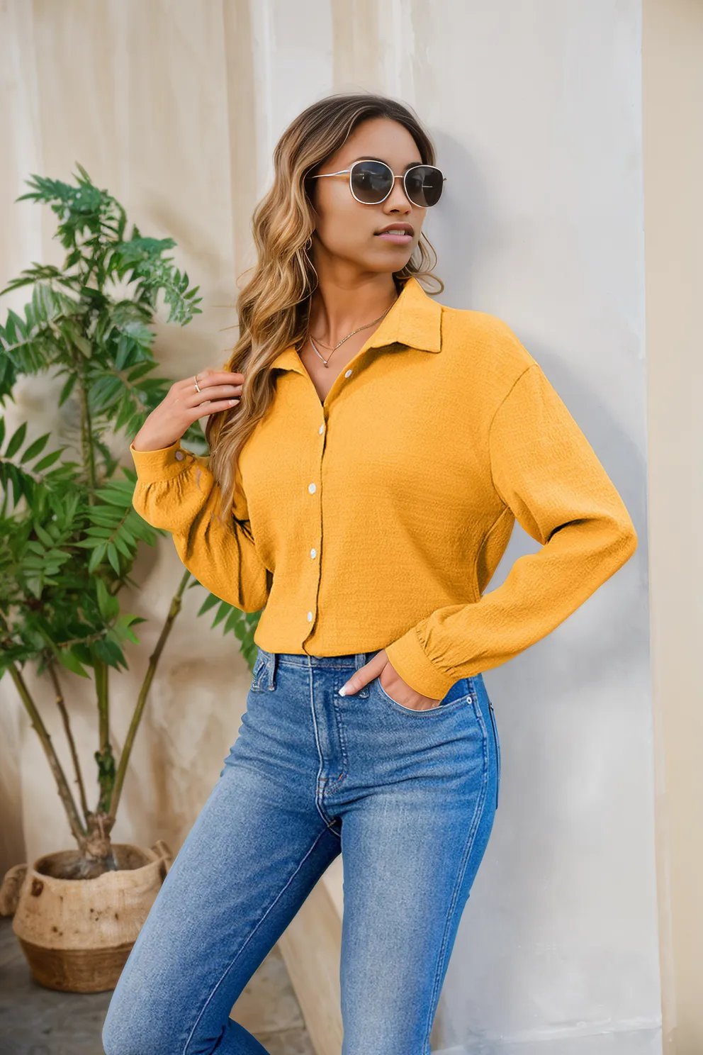 Collared Neck Buttoned Long Sleeve Shirt