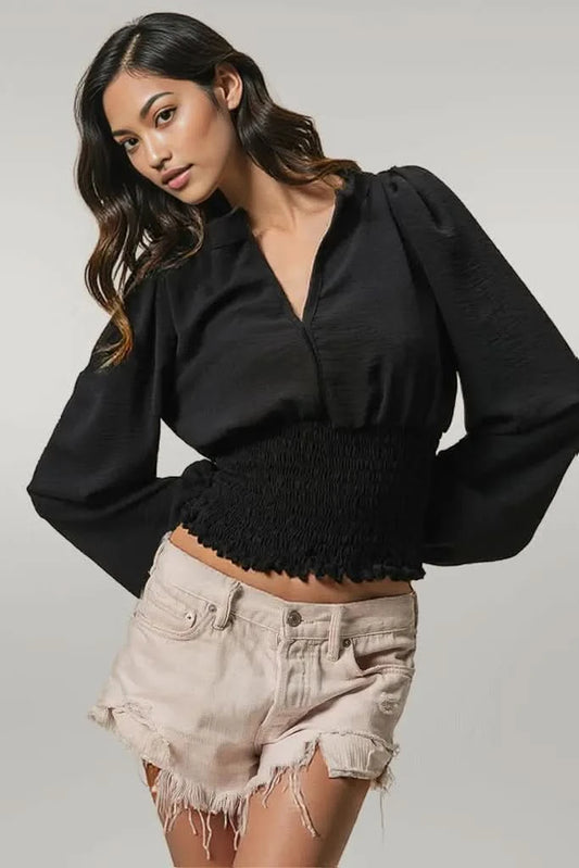 BiBi Smoking Waist Band and Puff Sleeves Deep V Neck Top