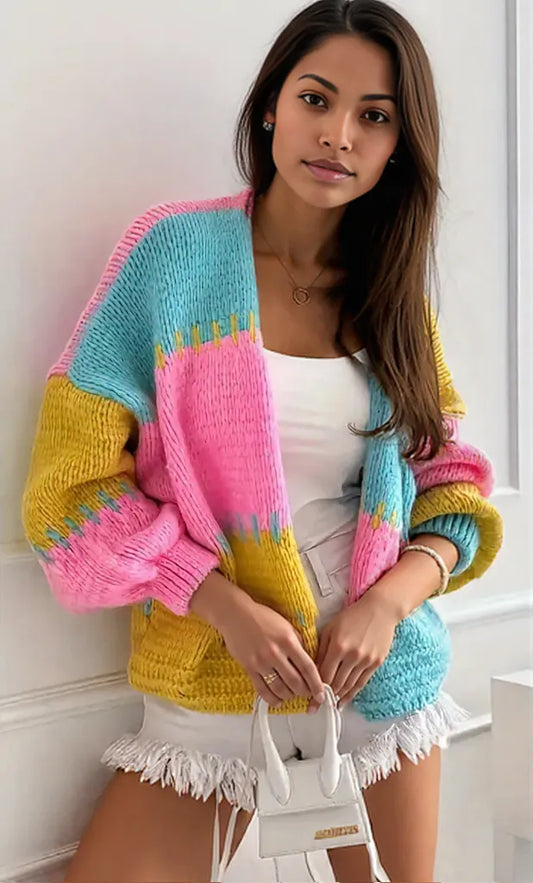 Color Block Drop Shoulder Cardigan Fuchsia Pink