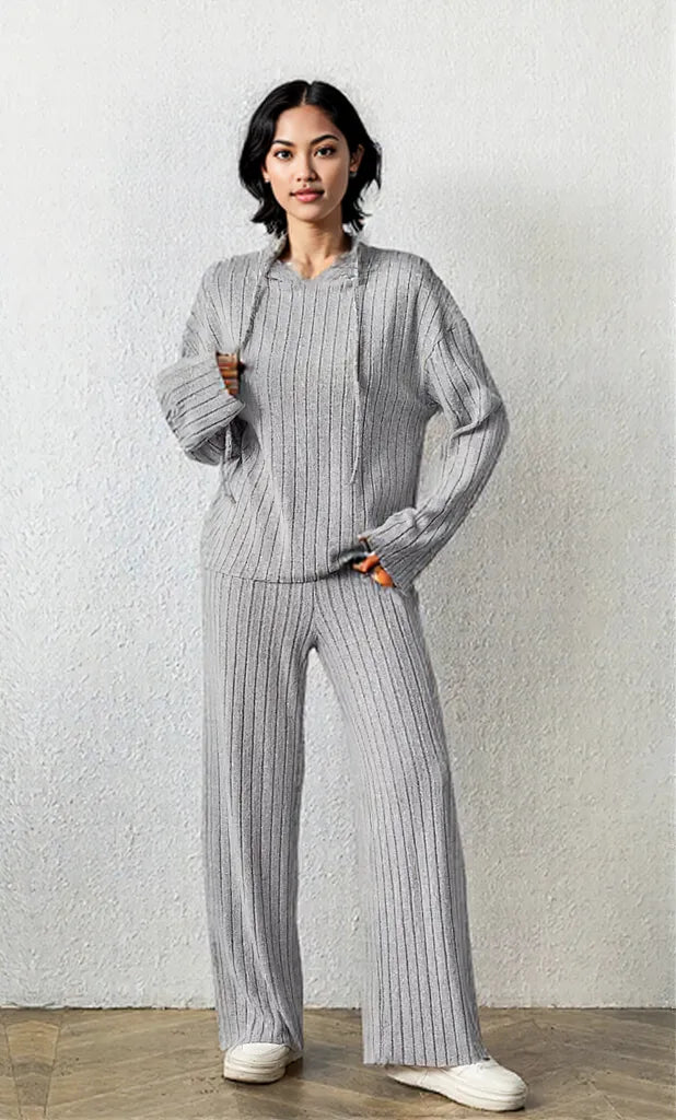 Ribbed Drawstring Hoodie and Pants Set