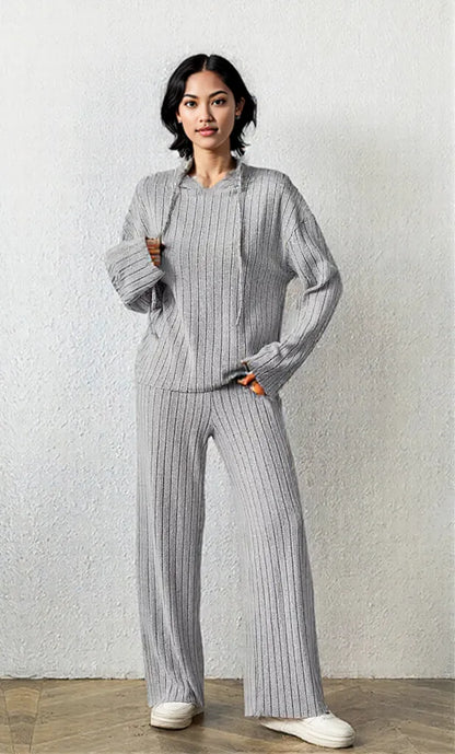Ribbed Drawstring Hoodie and Pants Set