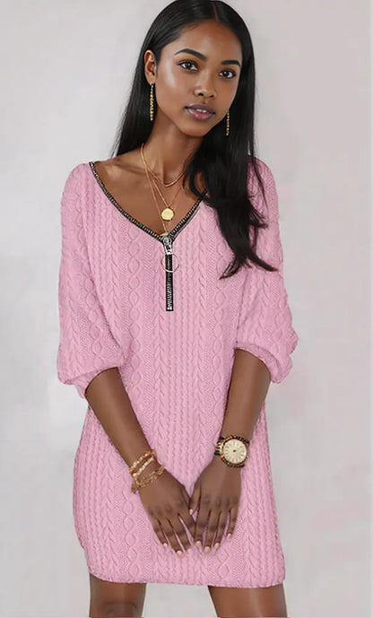 Zip Detail Textured Knit Mini Sweater Pink