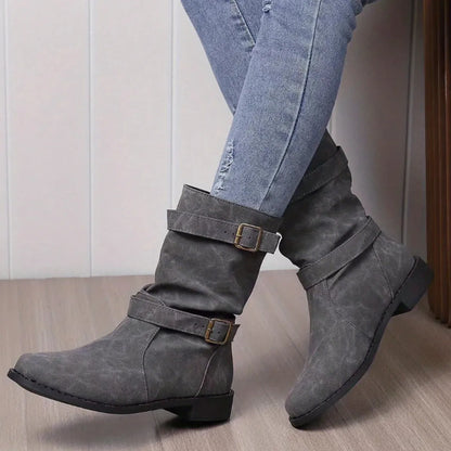Mid-Calf Buckle Strap Boots Gray