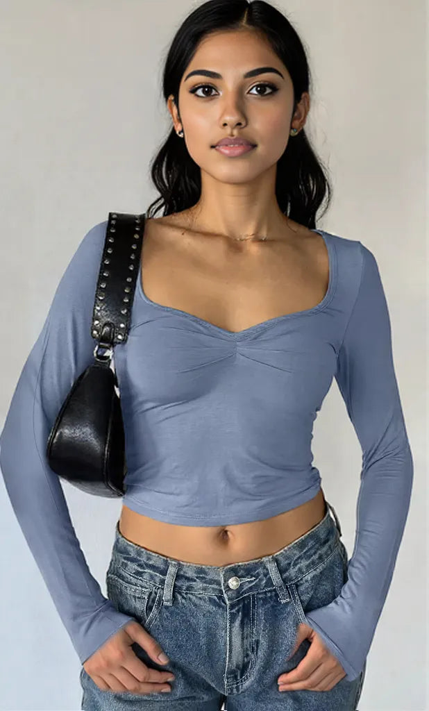 Long Sleeve Sweetheart Neck Crop T-Shirt Dusty Blue