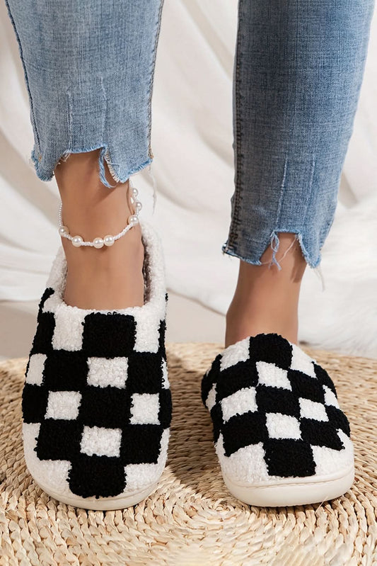 Black Checkered Print Fuzzy Slip On Winter Slippers Black