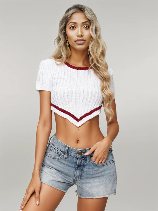 Contrast Round Neck Short Sleeve Cropped Knit Top White