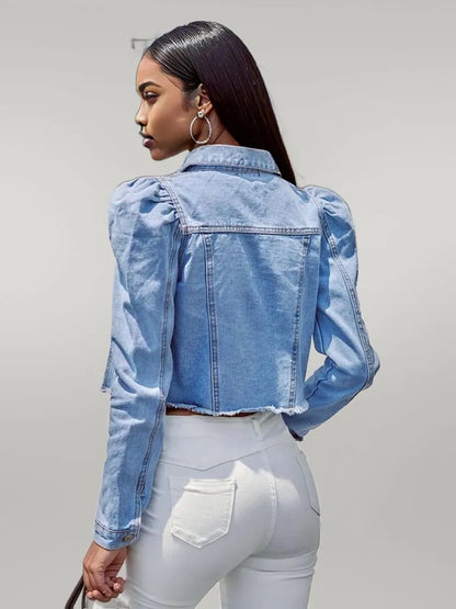 Button Down Raw Hem Cropped Denim Jacket