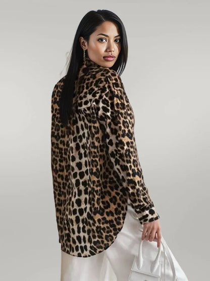 Leopard Collared Neck Long Sleeve Shirt