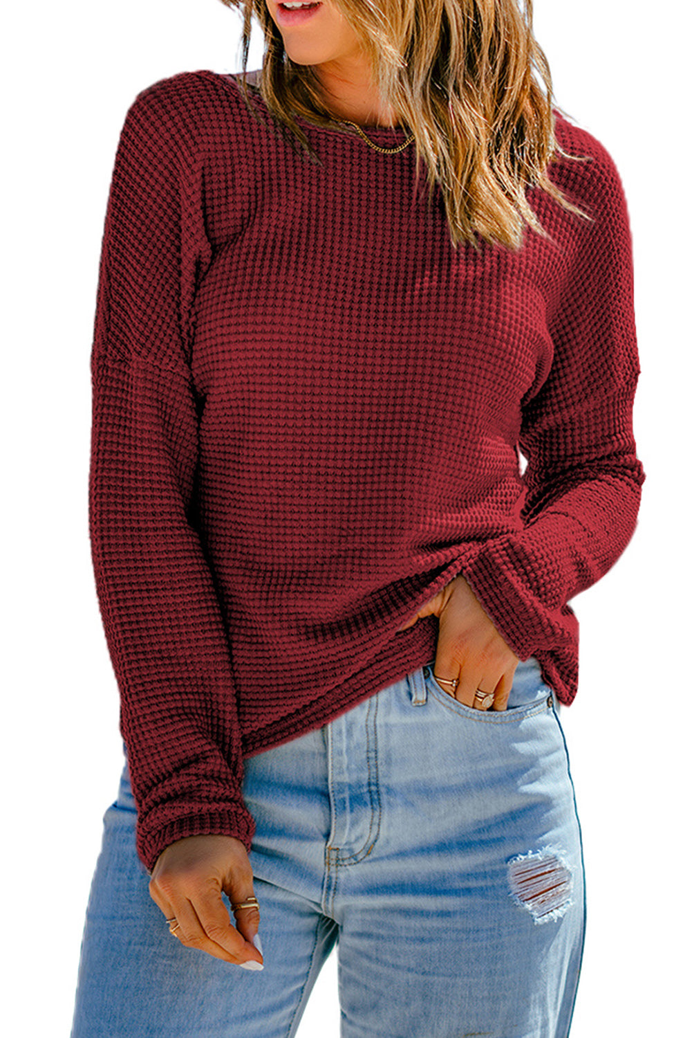 Khaki Waffle Knit Drop Shoulder Long Sleeve Top