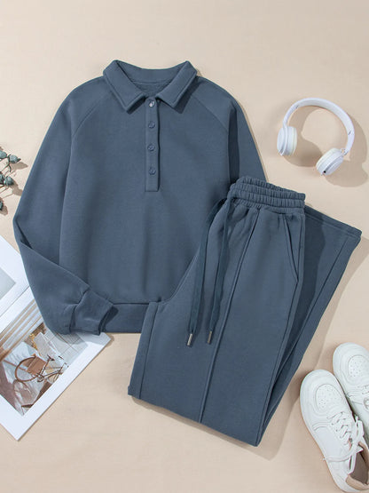 Collared Sweatshirt and High Waist Pants Active Set Dusty Blue