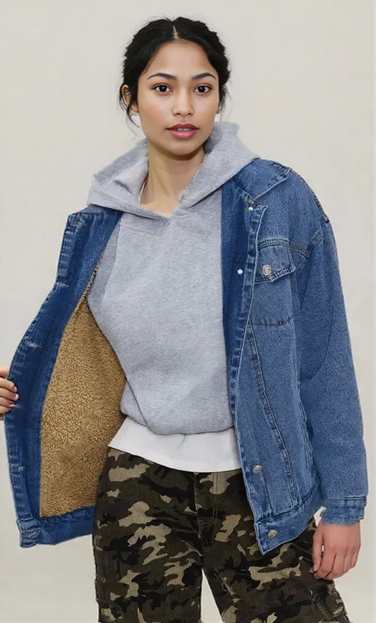 Button Up Collared Neck Long Sleeve Denim Jacket Medium