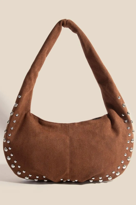 Fame Metallic Studded Faux Suede Hand Bag DBR One Size