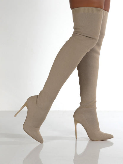 Point Toe Over Knee Stiletto Boots Beige