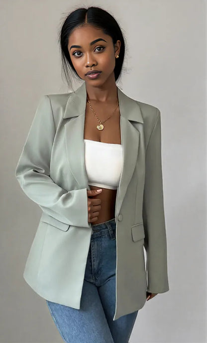 One Button Lapel Collar Blazer Green