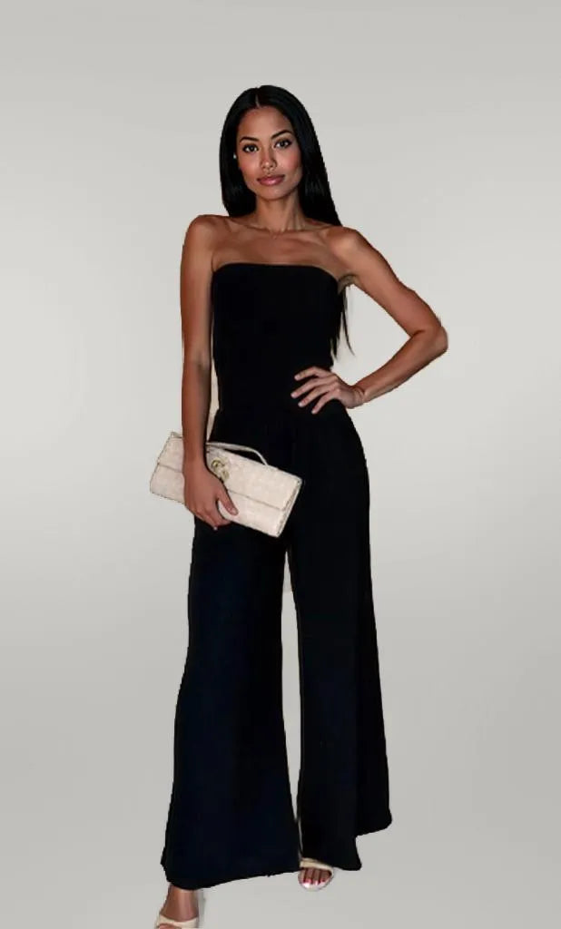 Smocked Tube Wide-Leg Jumpsuit Black