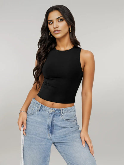 Round Neck Cropped Tank Black