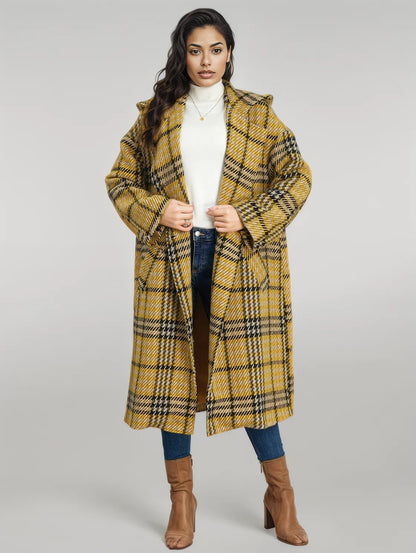 Plaid Double - Breasted Long Sleeve Longline Coat - coat - Trendsi