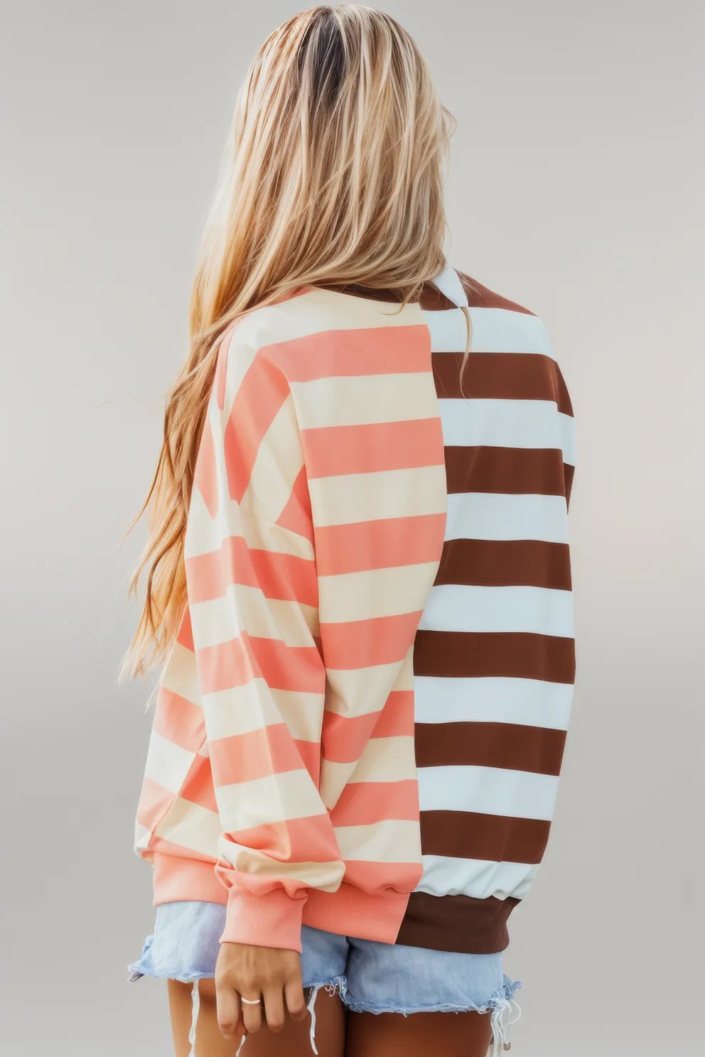 Brown Stripe Color Block Drop Shoulder Pullover Sweatshirt