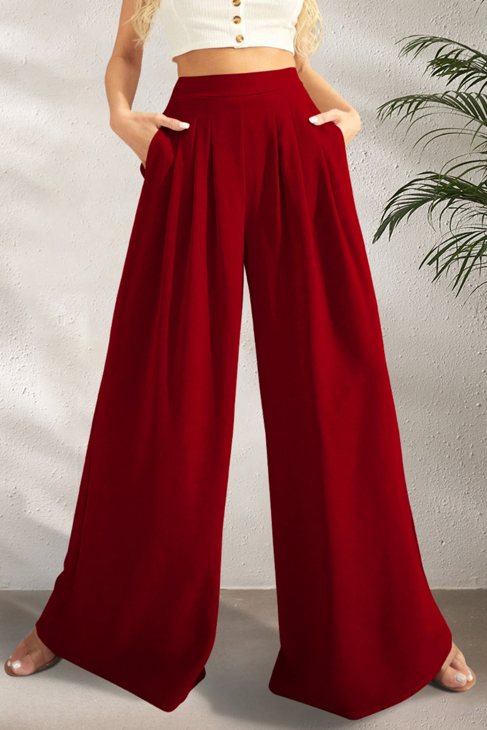 FAM-FAM High Waist Wide Leg Pants Burgundy