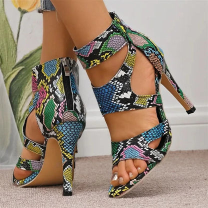 Snake Print Strappy Stiletto Pumps Snakeskin