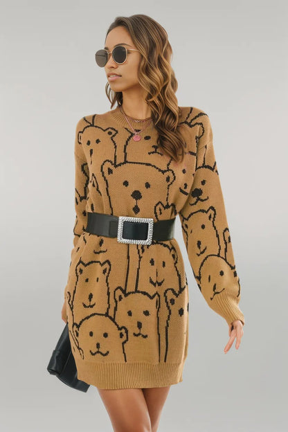 Bear Pattern Round Neck Sweater Dress