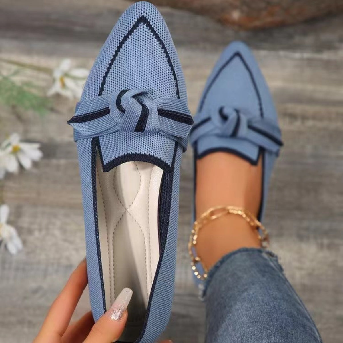 Bow Contrast Trim Point Toe Loafers - Shoes & Bags/Women's Shoes - Trendsi - Dusty Blue - 43(US11) - 100600967788089