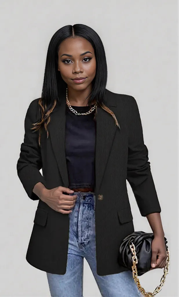 Lapel Collar Long Sleeve Blazer Black