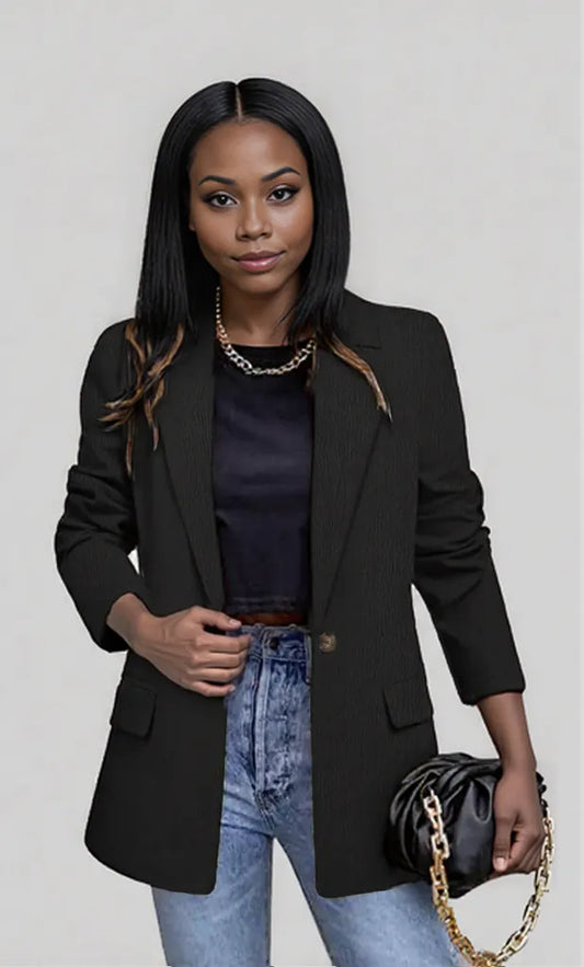 Lapel Collar Long Sleeve Blazer Black
