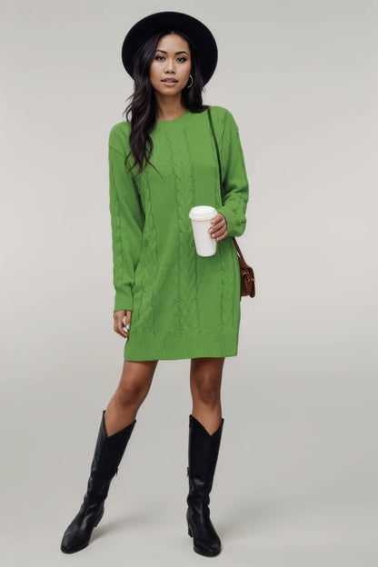 Cable-Knit Round Neck Sweater Dress Green