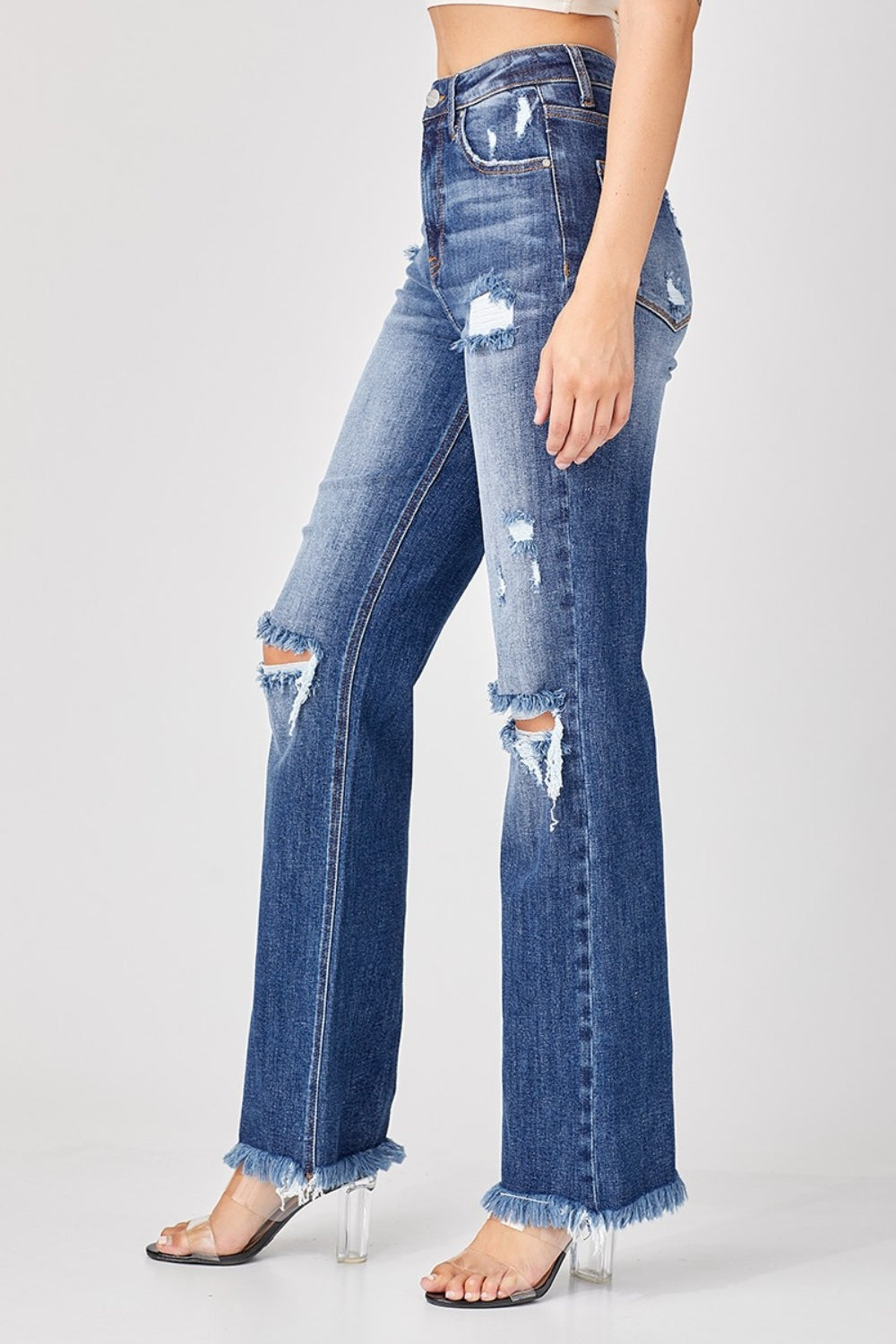 Risen Full Size Raw Hem Distressed Straight Jeans - Jeans - Trendsi