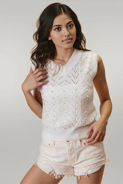 BiBi Chevron Pointelle Pearl Knit Top