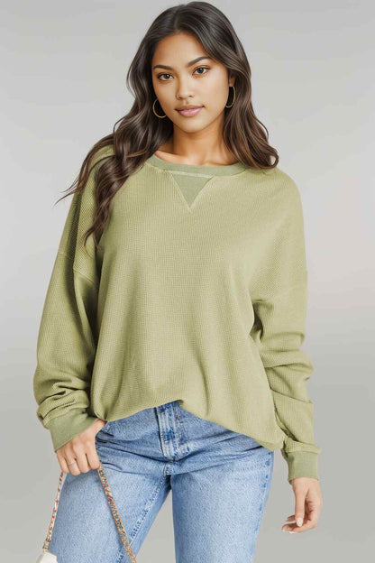 Waffle-Knit Long Sleeve Sweatshirt Sage