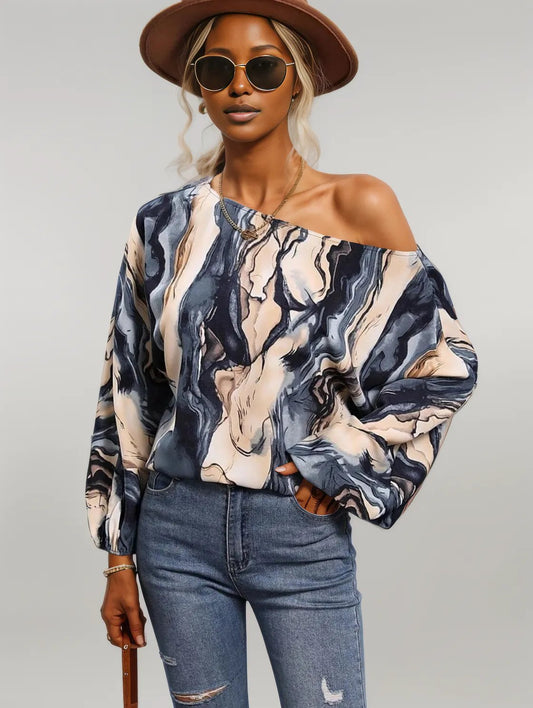 Printed Boat Neck Blouse Dusty Blue