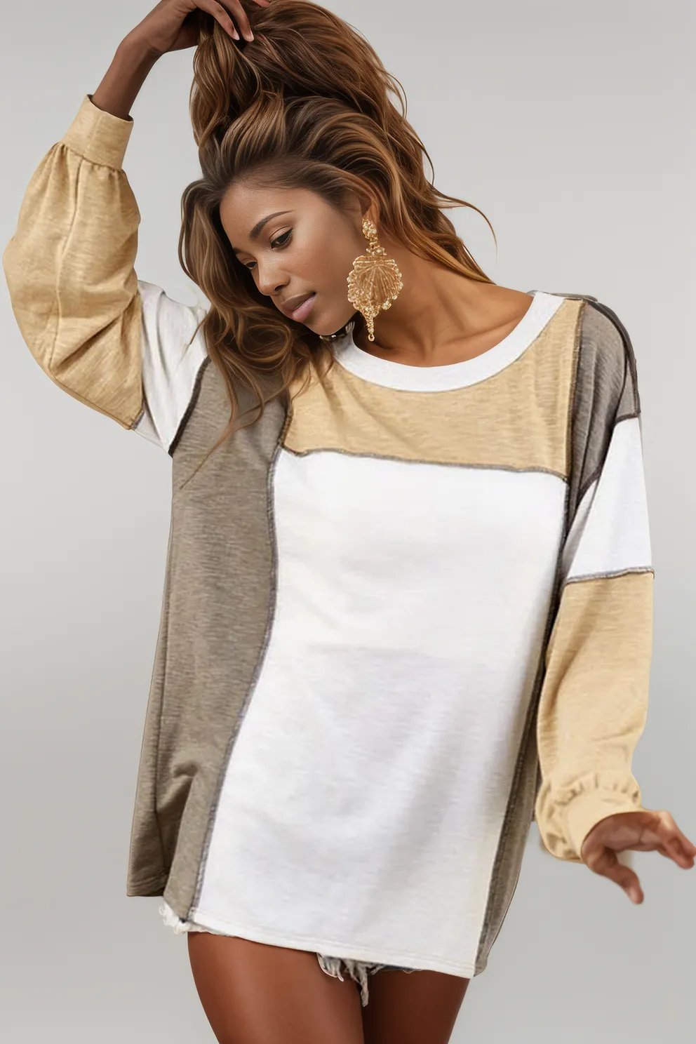 Khaki Exposed Seam Color Block Patchwork Top